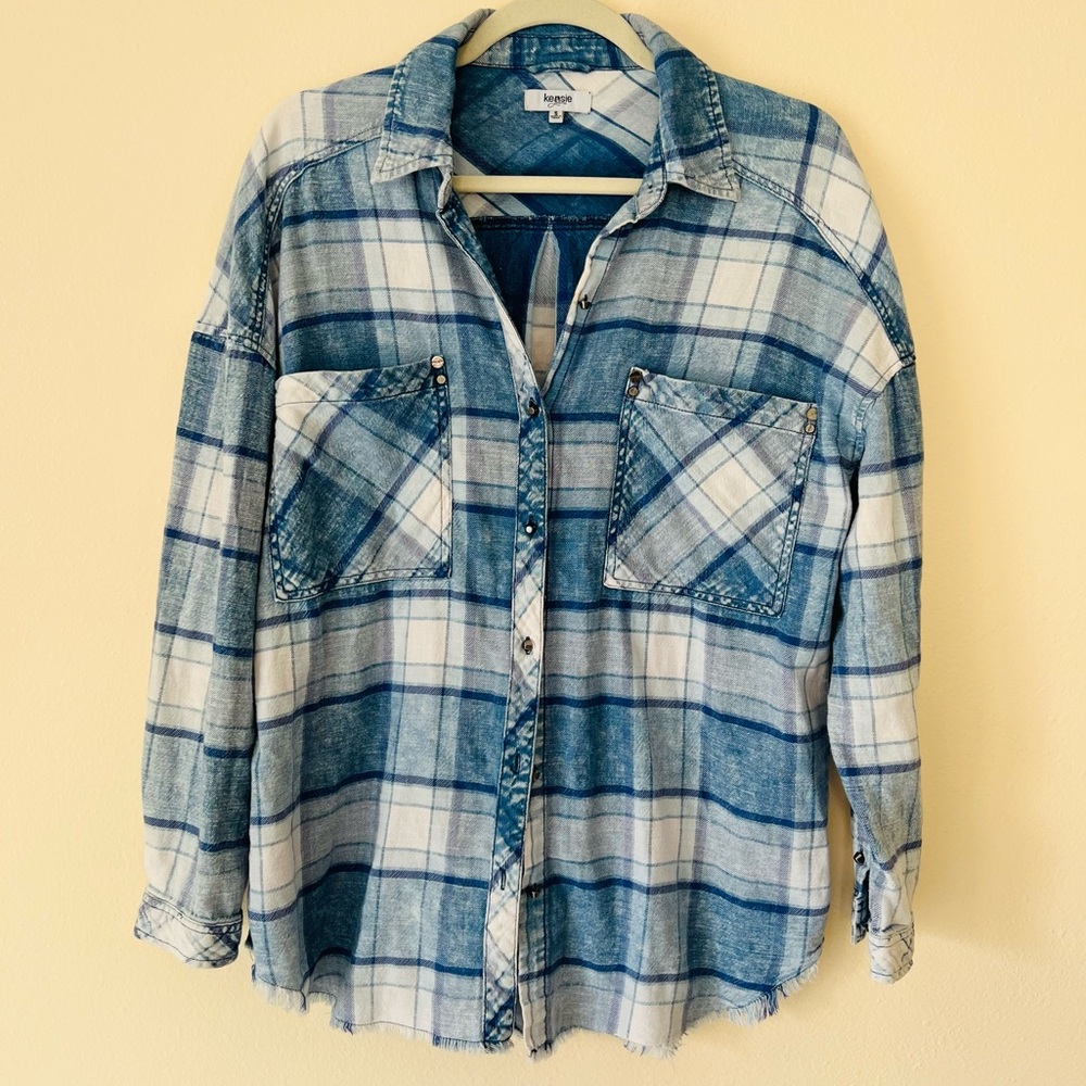 Kensie Jeans Button down Shirt Collared Long Sleeve Blue Plaid raw hem plaid - Picture 4 of 7